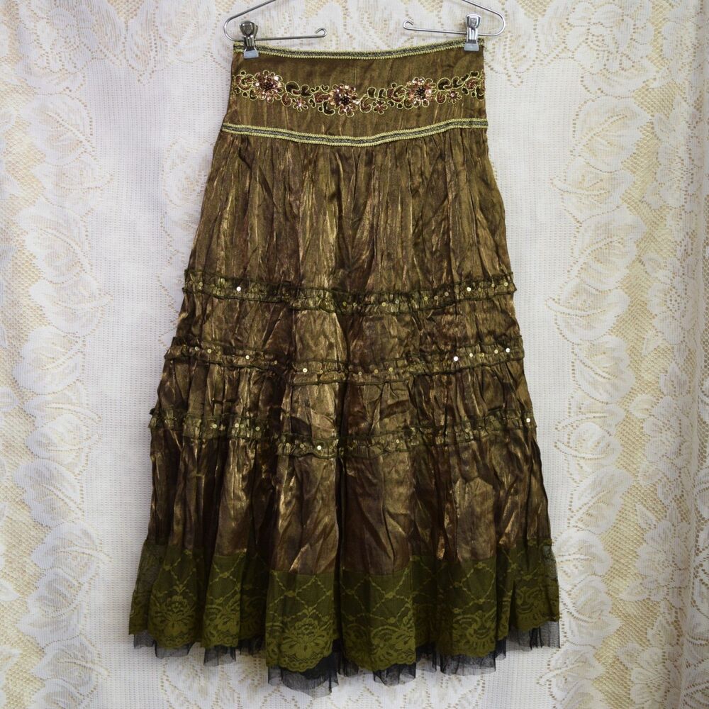 Banana USA Womens Sz Small Skirt Fairy Gypsy Embellished Satin Broomstick Tiered